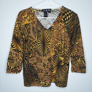 JAC Vintage Y2K Top Women Large Brown Geometric Animal Stretch Knit 3/4‎ V-Neck